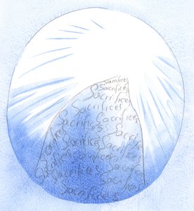 Gjennom Kristi nåde bygger jeg et "fjell" av nåde, belegg det med ofre, slik at andre kan gå opp, mot Gud, 2002 (w/c på papir) av Elizabeth Wang