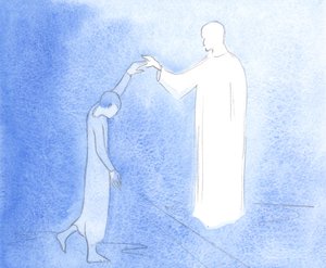 Å tillate seg selv å bli ledet av Kristus, av Hans Ånd, er å være som en danser som stoler på at partneren hennes skal veilede henne hver eneste bevegelse, 2001 (w/c på papir) av Elizabeth Wang