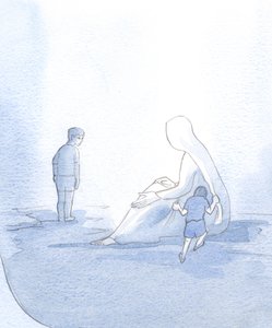 For å illustrere vårt forhold til Mary, så jeg et lite barn som rykket støyende, men likevel mottatt trøst; det andre barnet, stolt og lite tillitsfullt, holdt avstand, så manglet hennes hjelp., 2001 (w/c på papiret) av Elizabeth Wang