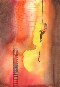Å gå i forbønn for noen som er fanget i alvorlig synd er som å strekke ut en hånd til en mann fanget på en ødelagt stige, med bare helvete under., 2004 (w/c på papir) av Elizabeth Wang