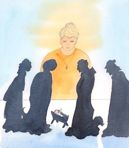 Vi har rett til å feire Jesu Kristi fødsel og nyte krybbesett og andre tradisjoner; men fremfor alt må vi hjelpe de trengende, til ære for Ham som kom for å hjelpe oss i vår nød, da vi var fanget i våre synder, 2004 (akvarell på papir) av Elizabeth Wang