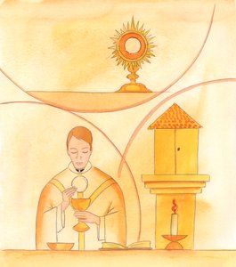 Vi kan oppnå store nådegaver fra himmelen gjennom de helliges bønner; men de største nådegaver gis av Kristus selv, direkte, i messen, i det hellige sakrament i tabernaklet og i Exposition and Adoration, 2005 (akvarell på papir) av Elizabeth Wang