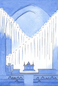 Vi gjør klokt i å hilse på de hellige englene som, på vakt, ber, fyller det hellige sted som er vår helligdom, 2002 (w/c på papir) av Elizabeth Wang