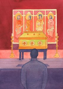 Vi har et levende forhold til de hellige som har dødd, så vi bør snakke med dem, 2003 (w/c på papir) av Elizabeth Wang