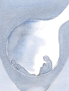 Vi trenger ikke streve for å heve oss over vår smerte. Kristus er her, i mørket, dypt nede i våre sorger, 2000 (w/c på papir) av Elizabeth Wang