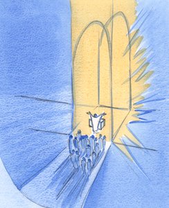 Vi som står foran alteret er samlet her av Gud selv. Vi lever i hans strålende vennskap, Kristus i vår midte, 2002 (w/c på papir) av Elizabeth Wang