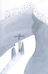 For en kløft ligger foran oss i messen, da vi blir gjort til en del av det Ene Offer for synd, forent med den tidligere tidsalderen da Kristus på korset for å frelse oss., 2001 (w/c på papir) av Elizabeth Wang