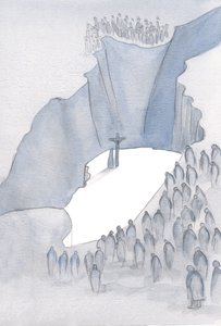 For en kløft ligger foran oss i messen, da vi blir gjort til en del av det Ene Offer for synd, forent med den tidligere tidsalderen da Kristus på korset for å frelse oss., 2001 (w/c på papir) av Elizabeth Wang