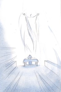 For en fest er Kristi offer av seg selv på alteret; Englene hans gleder seg over deres oppstandne Herres herlighet., 2001 (w/c på papir) av Elizabeth Wang