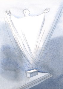 For et stort offer som stiger opp fra vårt lille alter, mens Kristus ber vår ene bønn, utstrakte hender til Faderen, 2000 (w/c på papir) av Elizabeth Wang
