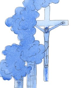 Da Kristus hang på korset i pine, var han klar over alle menneskelige tragedier fra livets begynnelse til slutten - inkludert lidelsene til dem den 11. september 2003 (w/c på papir) av Elizabeth Wang