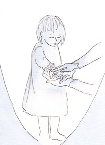 Når Gud tilgir våre synder, er han like øm som en mor som nærmer seg sitt elskede barn og sier: "Glem det, jeg skal snart vaske disse merkene av hendene dine", 2000 (w/c på papir) av Elizabeth Wang