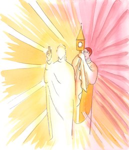 Når en prest holder monstransen med den hellige hærskaren og velsigner oss med den, velsigner Kristus oss selv, selv om vi ikke ser ham, 2003 (w/c på papir) av Elizabeth Wang
