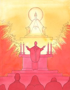 Når prest og mennesker alle står i samme retning ved messen, ser de alle sammen, mot Faderen, for å prise ham gjennom Kristus., 2004 (w/c på papir) av Elizabeth Wang