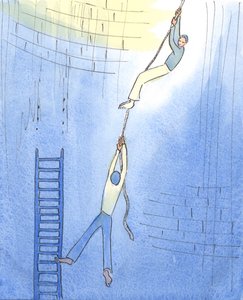 Når noen holder ut i forbønn for en person i fare, er det som om noen lar seg henge i et tau og senke seg ned i en minesjakt, for å redde noen som er fanget på en ødelagt stige. av Elizabeth Wang