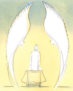 Når det velsignede sakramentet blir brakt hjem til en syk person, er det virkelig Kristus som er sakramentalt tilstede der, voktet som alltid av englene som elsker og tilber ham., 2004 (w/c på papir) av Elizabeth Wang