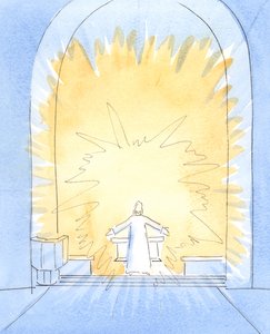 Når brødet er innviet ved messen, er Kristus i det vesentlige tilstede på vårt alter, i all hans herlighet, 2004 (w/c på papir) av Elizabeth Wang