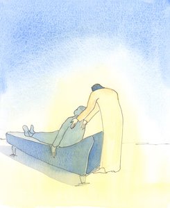 Når vi er syke, og Kristus kommer til oss i nattverden, er det som om han insisterer på å hjelpe oss å legge oss på en sofa, 2003 (w/c på papir) av Elizabeth Wang