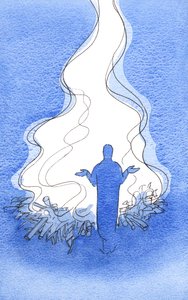 Når vi ber med Kristus stiger en stor flamme av lovprisning og forbønn til Faderen, 2002 (w/c på papir) av Elizabeth Wang