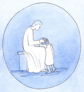 Når vi omvender oss fra våre synder, ser Jesus Kristus på oss med ømhet akkurat som når en mor omfavner barnet sitt, 2001 (w/c på papir) av Elizabeth Wang