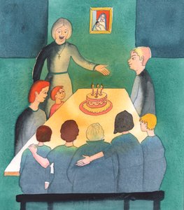 Der folk lytter til Kirken, og takker Gud for sine barn, og setter familiens behov foran sine egne ambisjoner, et hjem er som en oase av lys, 2003 (w/c på papir) av Elizabeth Wang