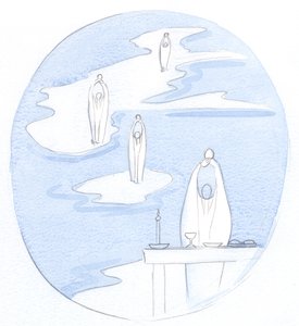 Hvor enn en katolsk prest ofrer det hellige messeoffer, er det Jesus Kristus, tilstede med sitt folk, 2000 (w/c på papir) av Elizabeth Wang