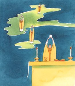 Hvor enn en katolsk prest ofrer det hellige messeoffer, er det Jesus Kristus, tilstede med sitt folk, 2000 (w/c på papir) av Elizabeth Wang