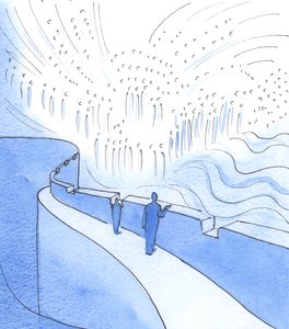 Den som tar en pause i sitt arbeid for å be - alene eller i felles bønn - kan se mot himmelen, hvor Kristus hersker med de hellige i herlighet, 2003 (w/c på papir) av Elizabeth Wang