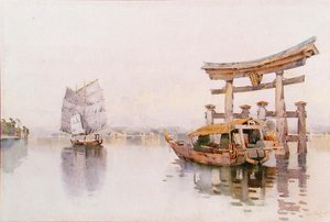 Torii-porten ved inngangen til Itsukushima-helligdommen, Miyajima, Japan (akvarell på papir)