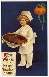 Thanksgiving: gratulasjonskort med et barn kledd som en kokk som presenterer den tradisjonelle retten