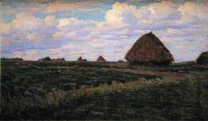 Høystakker i et grønt felt (olje på lerret) av Elmer Boyd Smith