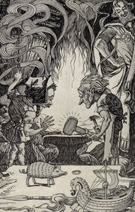 The Third Gift an Enormous Hammer, illustrasjon fra Myths from Many Lands, utgitt 1912