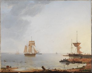 Skip utenfor kysten av Sjælland. Morgen