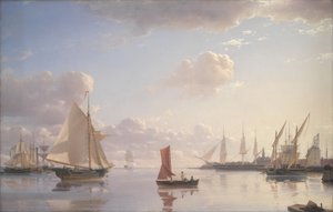 Utsikt fra Langelinie mot Royal Naval Dockyards på Nyholm, København. Morgenlys