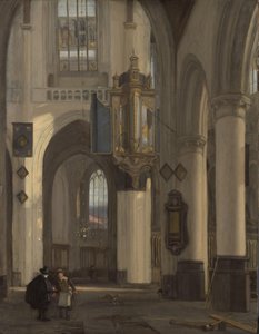 Interiør i en protestantisk gotisk kirke med motiver fra Oude og Nieuwe Kerk i Amsterdam av Emanuel de Witte