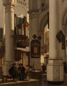 Interiør i en protestantisk, gotisk kirke, med en graver i koret Interiør i en protestantisk gotisk kirke med motiver fra de gamle og nye kirkene i Amsterdam
