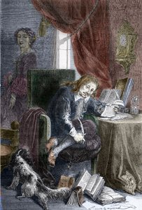 Portrett av den franske forfatteren Paul Scarron (1610-1660) forfatter av burleske komedier, han er representert på en ugyldig stol, hans kone Francoise d