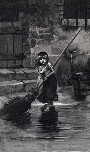 Scene fra Les Miserables, av Victor Hugo: Cosette sweeping (gravering)