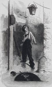 Scene fra Les Miserables, av Victor Hugo: Gavroche (gravering)