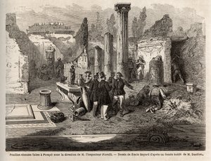 Utgravningen av Pompeii, under ledelse av inspektør Fiorelli, illustrasjon fra 'Pompei et les Pompeiens', av Edouard Charton