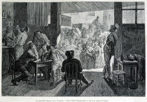 En gruppe kvinner foran en bar, forbudt for kvinner, synger salmer til fylliker mot alkoholisme av Emile Antoine Bayard