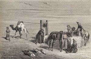 En brønn i ørkenen mellom Samarkand og Karshi, Usbekistan, illustrasjon fra 'The World in the Hands', gravert av Charles Laplante (d.1903), utgitt 1878 av Emile Antoine Bayard