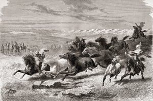 Argentinske gauchoer som samler ville hester, illustrasjon fra 