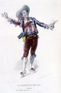 Komplett verk av Beaumarchais (1732-1799) av Edouard Fournier. tegning av Emile Bayard. Ed. Laplace, Sanchez et Cie, Paris 1876. Dette er Figaro i «Barberen i Sevilla» av Emile Antoine Bayard