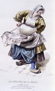 Komplett verk av Beaumarchais (1732-1799) av Edouard Fournier. tegning av Emile Bayard. Ed. Laplace, Sanchez et Cie, Paris 1876. Dette er Mother Chaplu i «The Deputates of the Hall» av Emile Antoine Bayard