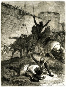 Korstog mot Albigeois - Siege of Toulouse, 25. juni 1218. Simon de Montforts bror har nettopp blitt skadet av en pil, Simon de Montfort skal selv bli drept av en ball med katapultkast, sies det, av en av kvinnene av Toulouse som er av Emile Antoine Bayard