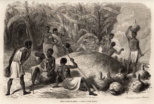 Degustering av pomben (alkoholholdig drikk ved gjæring), i Karague (vest for Victoriasjøen, i dagens Zimbabwe), tegning av Emile Bayard (1837-1891), som illustrerer kaptein Spekes oppdagelsesreise i Afrika fra 1860 til 1863. Gravering i av Emile Antoine Bayard