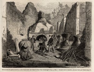 Oppdaget av en bakerovn og bevart brød i aske under utgravningene i 1864 i Pompei, tegning av Emile Bayard (1837-1891), for å illustrere Marc Monniers tekst (1829-1885) "" Pompei og Pompeierne"". Gravering i "" Le tour du monde"", redigert av av Emile Antoine Bayard