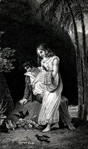 Gravering som illustrerer en utgave fra slutten av 1800-tallet av romanen av Jacques-Henri Bernardin de Saint Pierre (Jacques Henri Bernardin de Saint-Pierre): Paul et Virginie. Fugler kommer til land uten frykt nær det unge paret av elskere i skogen. Tegn av Emile Antoine Bayard