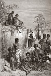 Hawaii-kongen Kamehameha I og hans krigere, illustrasjon fra 